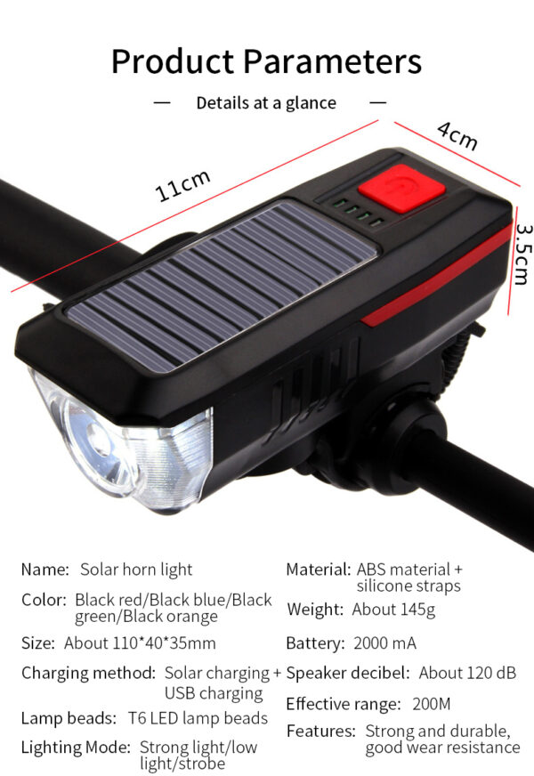 Solar Bike Horn Light - Bicycle Front Flashlight Lantern - Solar & USB Rechargeable - Image 4