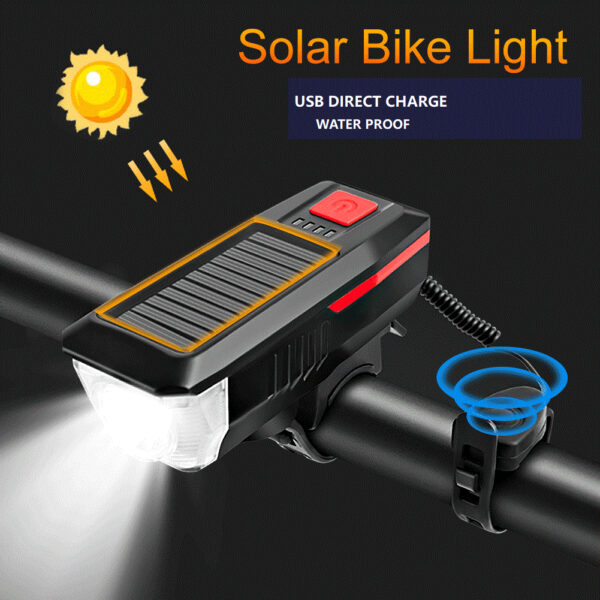 Solar Bike Horn Light - Bicycle Front Flashlight Lantern - Solar & USB Rechargeable